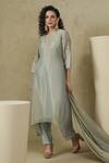 Shop_Kesar Studio_Blue Silk, Tissue Embroidery Round Neck Lotus Handwork Kurta Set _at_Aza_Fashions
