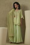 Buy_Kesar Studio_Green Silk, Tissue Embroidery V-neck Saumya Pista Kurta Set _at_Aza_Fashions