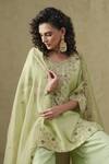 Buy_Kesar Studio_Green Silk, Tissue Embroidery V-neck Saumya Pista Kurta Set _Online_at_Aza_Fashions