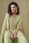 Shop_Kesar Studio_Green Silk, Tissue Embroidery V-neck Saumya Pista Kurta Set _Online_at_Aza_Fashions
