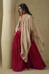 Kesar Studio_Red Silk, Tissue Embroidery Round Neck And Champagne Cape Skirt Set _Online_at_Aza_Fashions