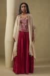 Buy_Kesar Studio_Red Silk, Tissue Embroidery Round Neck And Champagne Cape Skirt Set _at_Aza_Fashions