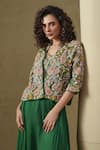 Shop_Kesar Studio_Green Silk Embroidery Round Neck Bottle Jacket Set _at_Aza_Fashions