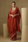 Shop_Kesar Studio_Rust Linen, Silk, Crepe Embroidery V-neck, Round Orange Pre-draped Saree Set _at_Aza_Fashions