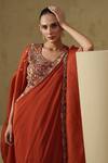 Kesar Studio_Rust Linen, Silk, Crepe Embroidery V-neck, Round Orange Pre-draped Saree Set _Online_at_Aza_Fashions