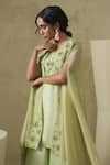 Kesar Studio_Green Silk, Tissue Embroidery Round Neck Designer Cape Kurta Gharara Set _Online_at_Aza_Fashions