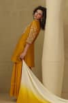 Shop_Kesar Studio_Mustard Linen, Silk, Crepe Embroidery Round Neck Marigold Hand Kurta Set _at_Aza_Fashions
