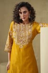 Buy_Kesar Studio_Mustard Linen, Silk, Crepe Embroidery Round Neck Marigold Hand Kurta Set _Online_at_Aza_Fashions