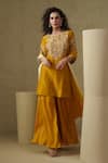 Buy_Kesar Studio_Mustard Linen, Silk, Crepe Embroidery Round Neck Marigold Hand Kurta Set _at_Aza_Fashions