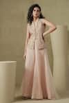 Shop_Kesar Studio_Pink Linen, Silk, Organza Embroidery V-neck Designer Street Jacket And Pant Set _at_Aza_Fashions
