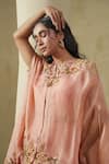 Kesar Studio_Pink Tissue, Silk Embroidery Round Neck Flamingo Handwork Cape Set _Online_at_Aza_Fashions
