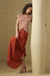 Shop_Kesar Studio_Rust Linen, Silk, Satin Orange Draped Jacket And Skirt Set _at_Aza_Fashions