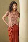 Kesar Studio_Rust Linen, Silk, Satin Orange Draped Jacket And Skirt Set _Online_at_Aza_Fashions