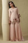 Shop_Kesar Studio_Cream Satin, Organza Embroidery V-neck Champagne Handwork Tunic And Pant Set _at_Aza_Fashions