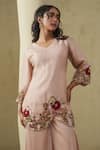 Kesar Studio_Cream Satin, Organza Embroidery V-neck Champagne Handwork Tunic And Pant Set _Online_at_Aza_Fashions