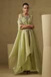 Kesar Studio_Green Silk, Organza Embroidery Round Neck Pista Designer Kurta Set _Online_at_Aza_Fashions