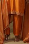 Kesar Studio_Orange Silk, Tissue Embroidery Round Neck Designer Salmon Kurta Set _Online_at_Aza_Fashions