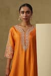 Shop_Kesar Studio_Orange Silk, Tissue Embroidery Round Neck Designer Salmon Kurta Set _Online_at_Aza_Fashions
