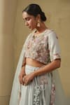 Kesar Studio_Blue Silk, Organza Embroidery Round Neck Aasmani Hand Lehenga Set _Online_at_Aza_Fashions