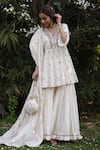 Nazar By Indu_Ivory Cotton Sequins, Embroidery V-neck Kurta Gharara Set _at_Aza_Fashions