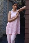 Shop_Nazar By Indu_Blush Cotton Embroidery Round Neck Pink Tunic And Pant Set _Online_at_Aza_Fashions