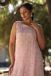 Nazar By Indu_Blush Organza, Satin Embroidery Round Neck Pink Kurta And Pant Set _Online_at_Aza_Fashions
