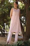 Nazar By Indu_Blush Organza, Satin Embroidery Round Neck Pink Kurta And Pant Set _at_Aza_Fashions