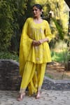 Buy_Nazar By Indu_Yellow Muslin Embroidery Round Neck 3 Piece Kurta Set _at_Aza_Fashions
