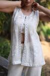 Shop_Nazar By Indu_White Net Embroidery Round Neck 3 Piece Set _Online_at_Aza_Fashions