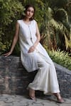 Nazar By Indu_White Net, Voile Embroidery Round Neck 3 Piece Set _at_Aza_Fashions