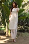 Buy_Nazar By Indu_White Organza, Satin Embroidery Round Neck Kurta And Pant Set _at_Aza_Fashions