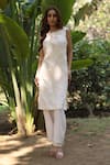 Nazar By Indu_White Organza, Satin Embroidery Round Neck Kurta And Pant Set _at_Aza_Fashions