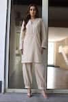 Buy_Nazar By Indu_Beige Cotton Embroidery V-neck Designer Kurta Pant Set _at_Aza_Fashions