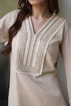 Shop_Nazar By Indu_Beige Cotton Embroidery V-neck Designer Kurta Pant Set _at_Aza_Fashions