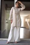 Buy_Nazar By Indu_Beige Cotton, Voile Embroidery Round Neck Striped Kurta And Pant Set _Online_at_Aza_Fashions