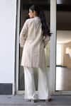 Shop_Nazar By Indu_Beige Cotton, Voile Embroidery Round Neck Striped Kurta And Pant Set _at_Aza_Fashions
