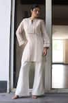 Buy_Nazar By Indu_Beige Cotton, Voile Embroidery Round Neck Striped Kurta And Pant Set _at_Aza_Fashions