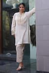Buy_Nazar By Indu_Ivory Cotton, Georgette Embroidery Split V-neck Kurta Pant Set _at_Aza_Fashions