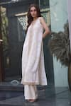 Shop_Nazar By Indu_Ivory Cotton, Jacquard Embroidery V-neck Kurta Pant Set _Online_at_Aza_Fashions