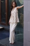 Shop_Nazar By Indu_Ivory Cotton, Jacquard Embroidery V-neck Aari Tunic And Pant Set _at_Aza_Fashions