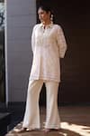 Nazar By Indu_Ivory Cotton, Jacquard Embroidery Collared 2 Piece Set _at_Aza_Fashions