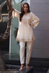 Buy_Nazar By Indu_Ivory Cotton, Georgette Embroidery Round Neck Set _at_Aza_Fashions