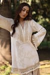 Nazar By Indu_Ivory Cotton, Jacquard Tassels V-neck Tunic And Pant Set _at_Aza_Fashions
