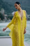 Shop_Surily G_Yellow Net, Crepe Sequins, Cut Work V-neck Long Kaftan _at_Aza_Fashions