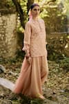 Shop_Surily G_Peach Lace Sequins, Cut Work Round Neck Top With Jaal Embroidery _at_Aza_Fashions
