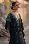 Surily G_Black Crepe Beads V-neck Long Kaftan With Turquoise Embroidery _Online_at_Aza_Fashions