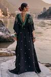 Shop_Surily G_Black Crepe Beads V-neck Long Kaftan With Turquoise Embroidery _at_Aza_Fashions