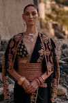 Buy_Surily G_Black Crepe Beads V-neck V Coral Embellishment Blouse _at_Aza_Fashions