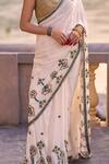 Surily G_Ivory Georgette Stones, Beads And Green Saree _Online_at_Aza_Fashions