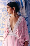 Surily G_Pink Crepe Pearls, Stones Plunge Neck Kaftan Dress With Embroidery _Online_at_Aza_Fashions